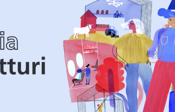 Hyria Kartturin banneri, jossa oikeassa reunassa piirrettyjä hyrialaisia kuvaavia ihmishahmoja sekä taaempana Hyrian toimintoja esittäviä rakennuksia.