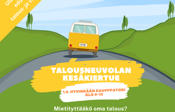 Piirroskuvassa bussi huristelee tietä pitkin ympärillään metsää ja mäkiä. Tekstissä kiertueen aikataulu.