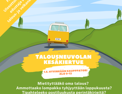 Piirroskuvassa bussi huristelee tietä pitkin ympärillään metsää ja mäkiä. Tekstissä kiertueen aikataulu.