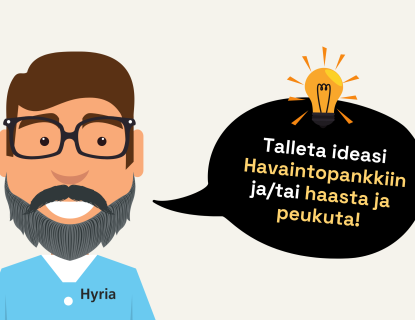 Vektorigraffiikkakuvassa parrakas henkilö ja puhekuplassa teksti Talleta ideasi Havaintopankkiin ja/tai haasta ja peukuta!