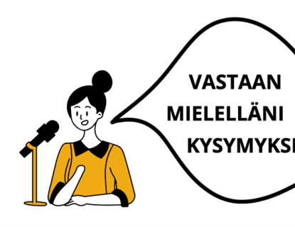 Piirroskuva naisesta joka sanoo mikkiin "Vastaan mielelläni kysymyksiin".