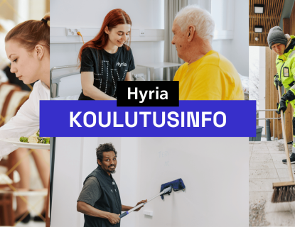 Kuvituskuva, jossa muun muassa tarjoilija, siistijä, hoitaja ja kiinteistöalan työntekijä tekevät työtehtäviään. Keskellä teksti Hyria KOULUTUSINFO.
