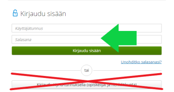 Nuoli osoittaa ylhäällä olevaa kohtaa, jossa kuvan yläosassa pyydetään käyttäjätunnusta ja salasanaa. 