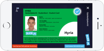 Hyrian digitaalinen opiskelijakortti kännykän näytöllä