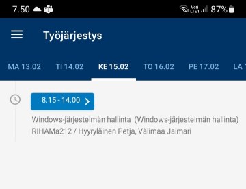 Työjärjestys-näkymä mobiilissa